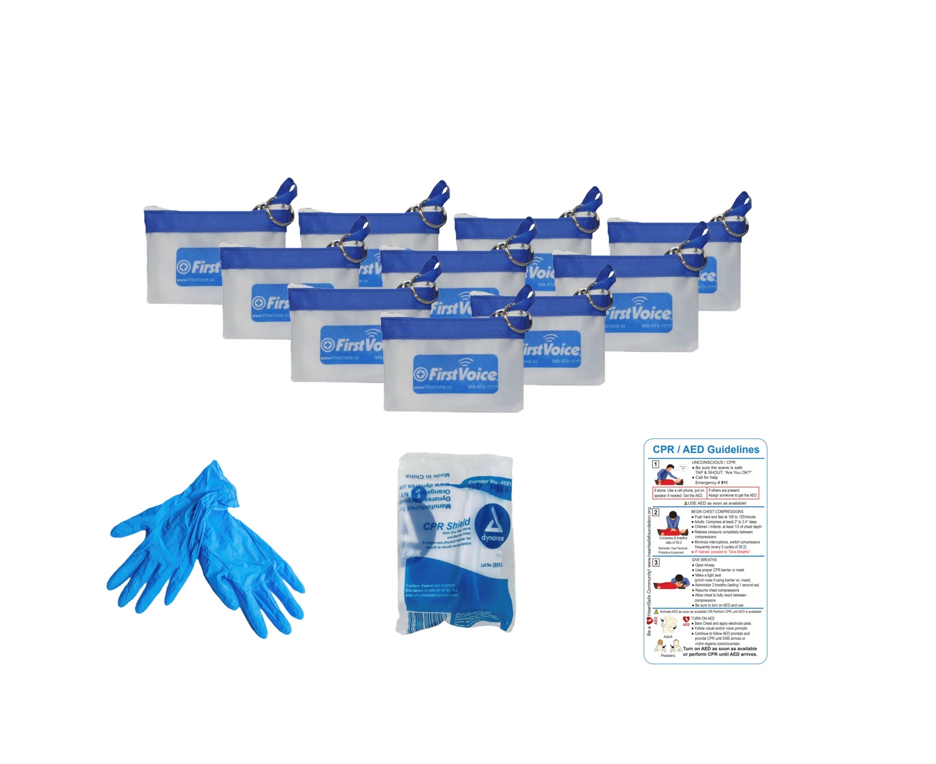 First Voice® CPR Pouch Kit w/Keychain w/Gloves & CPR Barrier; 10 Pk