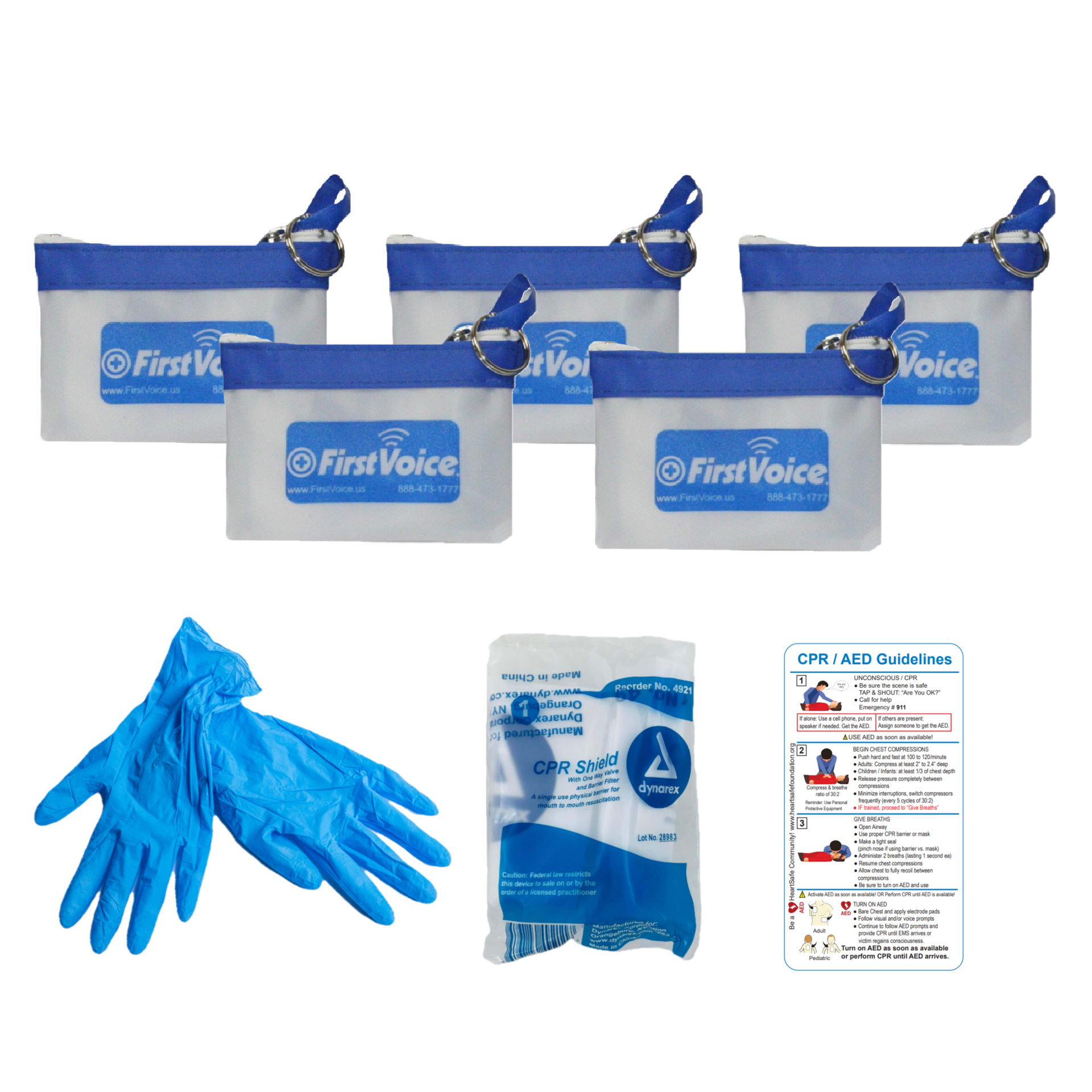 First Voice® CPR Pouch Kit w/Keychain w/Gloves & CPR Barrier; 5 Pk