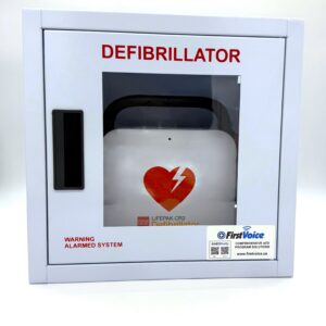 LIFEPAK® CR2 Cellular Semi-Auto AED with Handle in Alarmed Cabinet (English/Spanish)